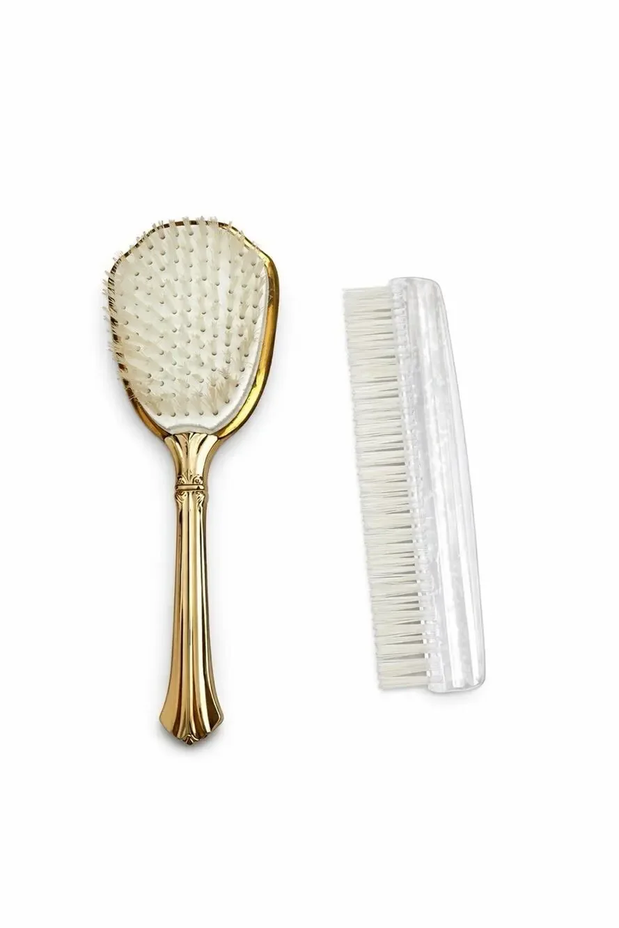 Vintage Vanity Hairbrush & Comb Brush Set Gold Tone Lucite Nylon Bristles MCM